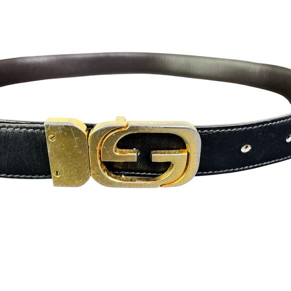 GUCCI‎ Vintage 1970\'s Belt Reversible Black Leather Gold G Buckle Classic Retro main image 6